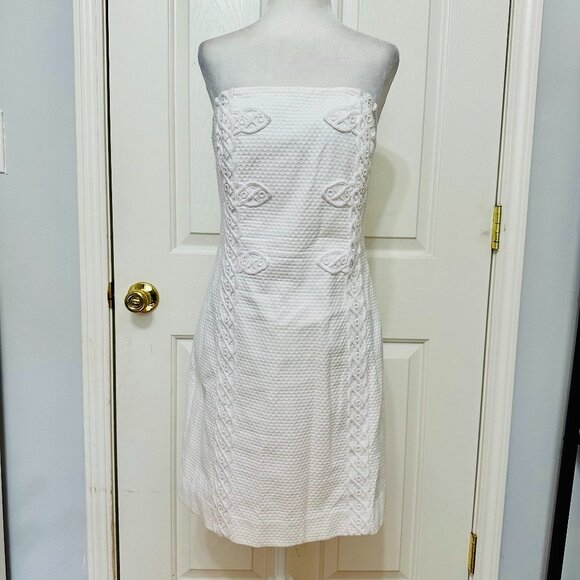LILLY PULITZER TANSY TEXTURED EMBROIDERED 100% COTTON WHITE STRAPLESS DRESS - Picture 2 of 10